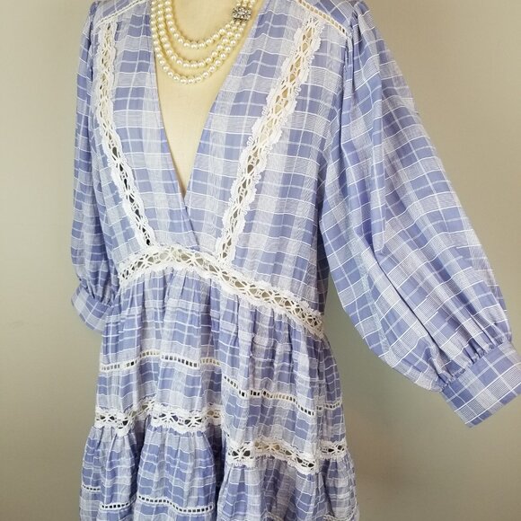 Adorable Free People Light Blue & White Plaid w/Lace Time Out Tunic * Size Med - Picture 4 of 11